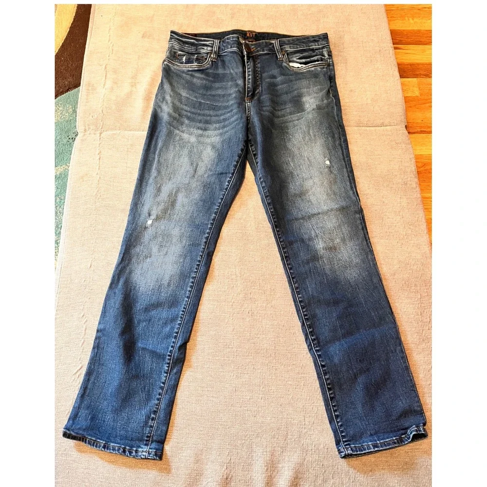 KUT from the Kloth High Rise Boyfriend Jeans Medium Wash‎ Distressed Size 14